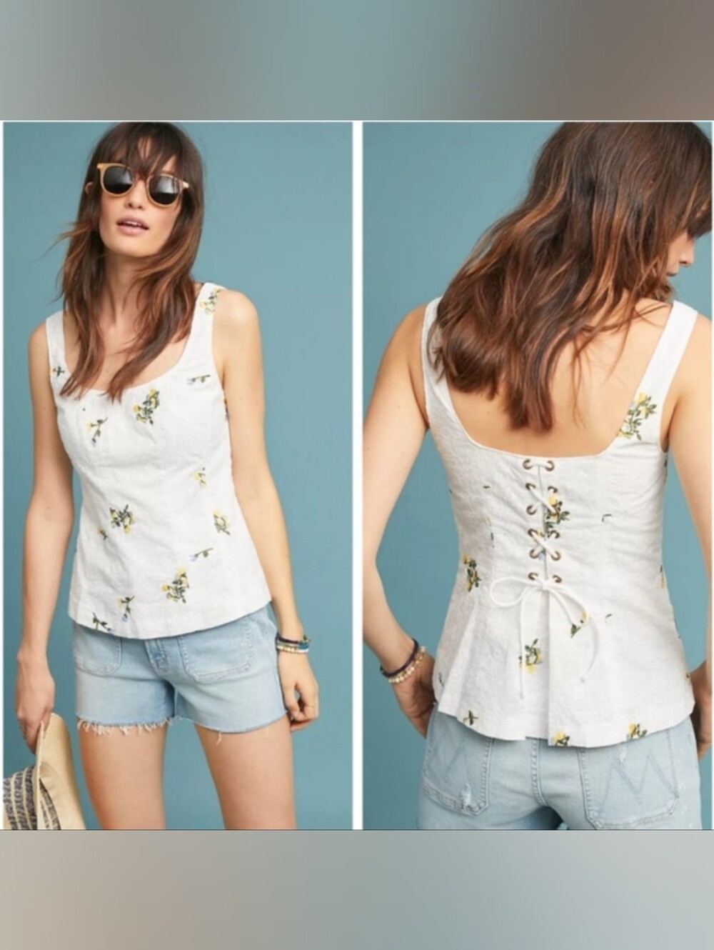 Anthropologie VANESSA VIRGINIA White Dandelion Floral Embroidered Corset Tank